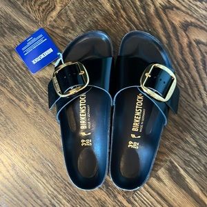 Madrid Big Buckle Slide Sandals, High Shine Black